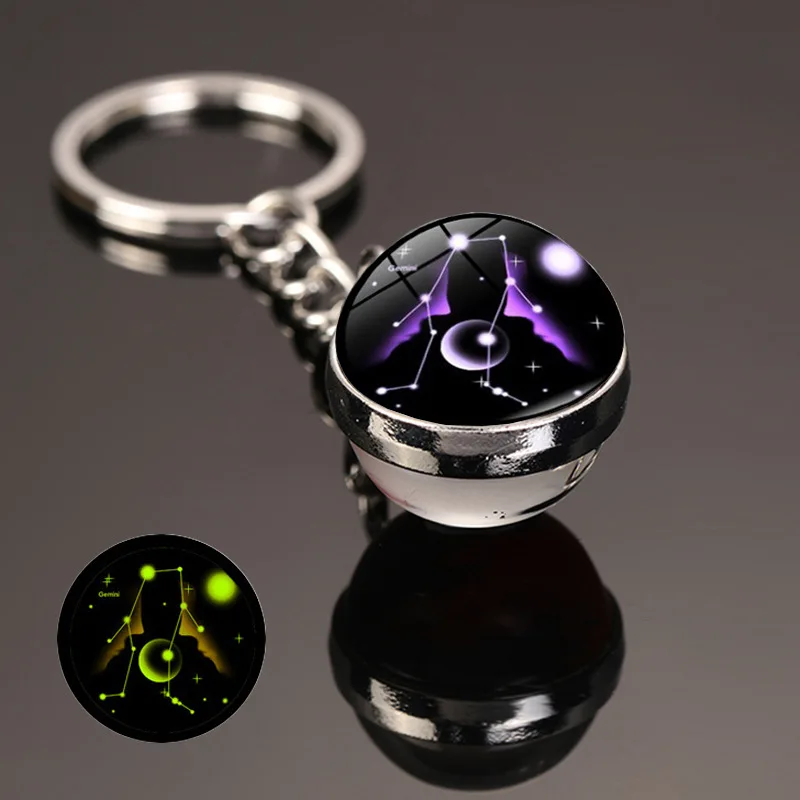 Luminescent 12 Constellation Key Ring Time Stone Double-Sided Glass Ball Metal Keychain Pendant Key Chain
