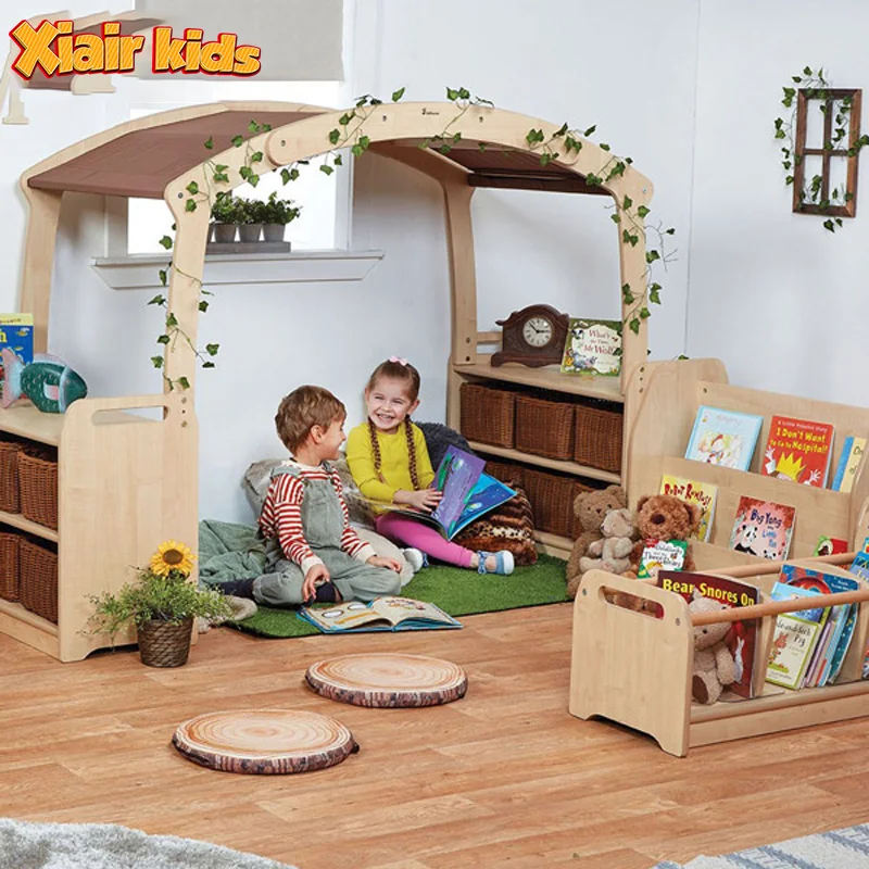 Xiair Wooden Kindergarten Den Reading Corner Furniture Bookcase Set Preschool Children Comfortable Seating And Storage Options