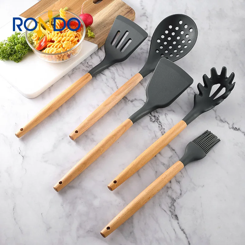 Wholesale 12 Pieces In 1 Set Silicone Kitchen Cooking Tools Stand Kitchenware BBQ Eco Silicone Wooden Kitchen Utensils