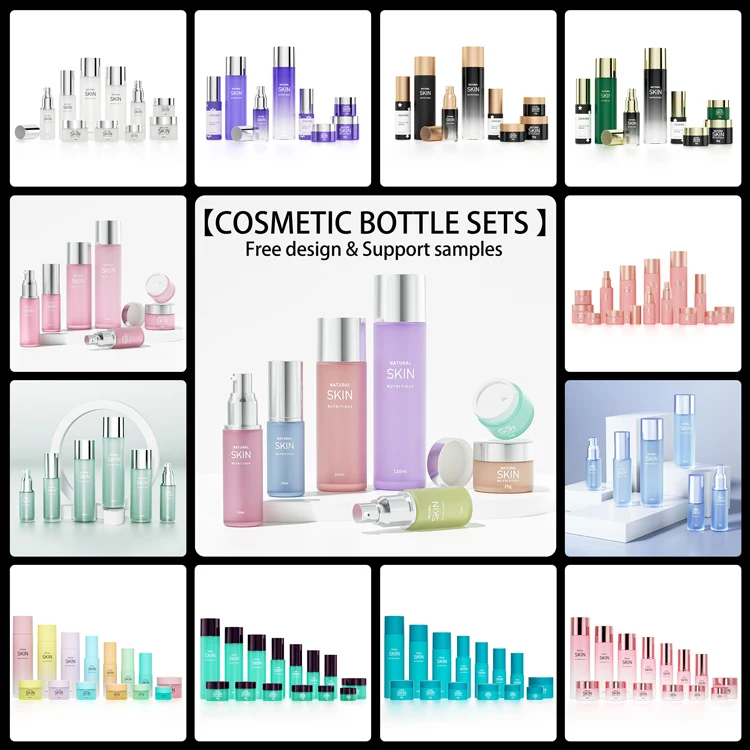 Custom Frosted Empty Pump Lotion Aluminum Cosmetic Packaging Luxury Matte Clear Cream Glass Skincare Bottles and Jars Set