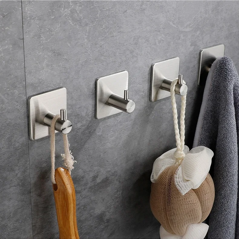 Bathroom Accessory Stainless Steel Wall Hooks Self Adhesive for Hanging Coat Storage Organization Heavy Duty Silver Modern Style