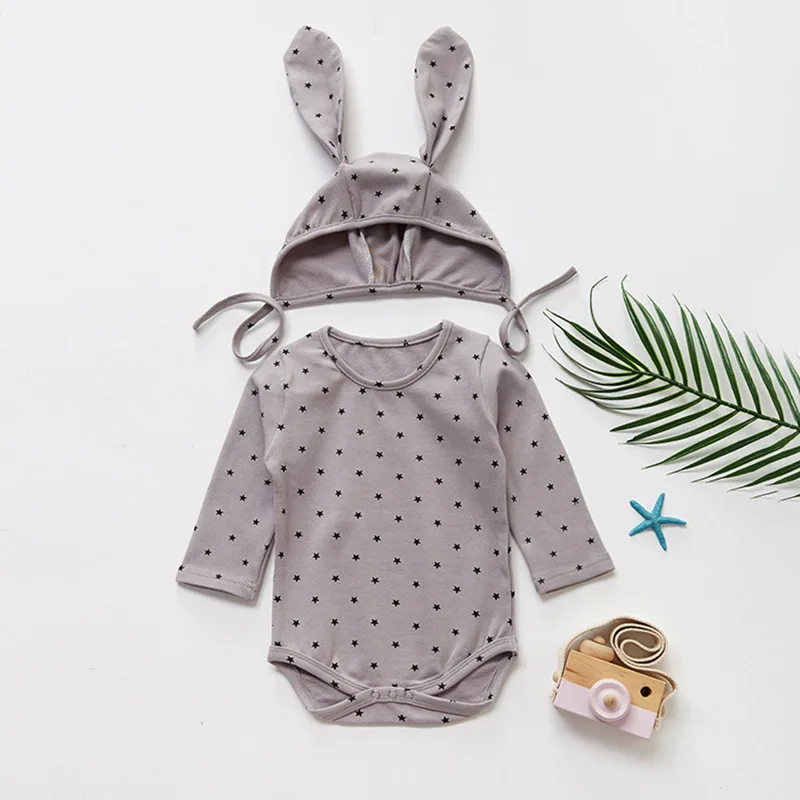  Easter Baby Rabbit Ear Dots Rompers Caps Boys Girls Long Sleeves Bunny
