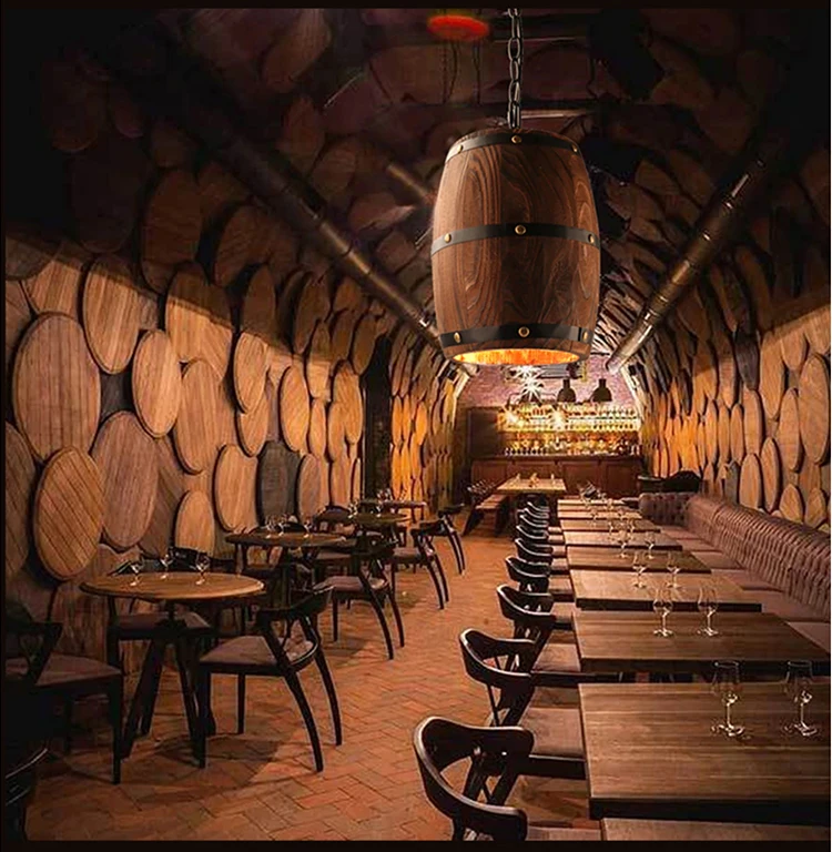 Wood Wine Barrel Hanging Fixture Pendant Lighting Suitable For Bar Cafe Lights Ceiling Restaurant Barrel Lamp Exhibition Display