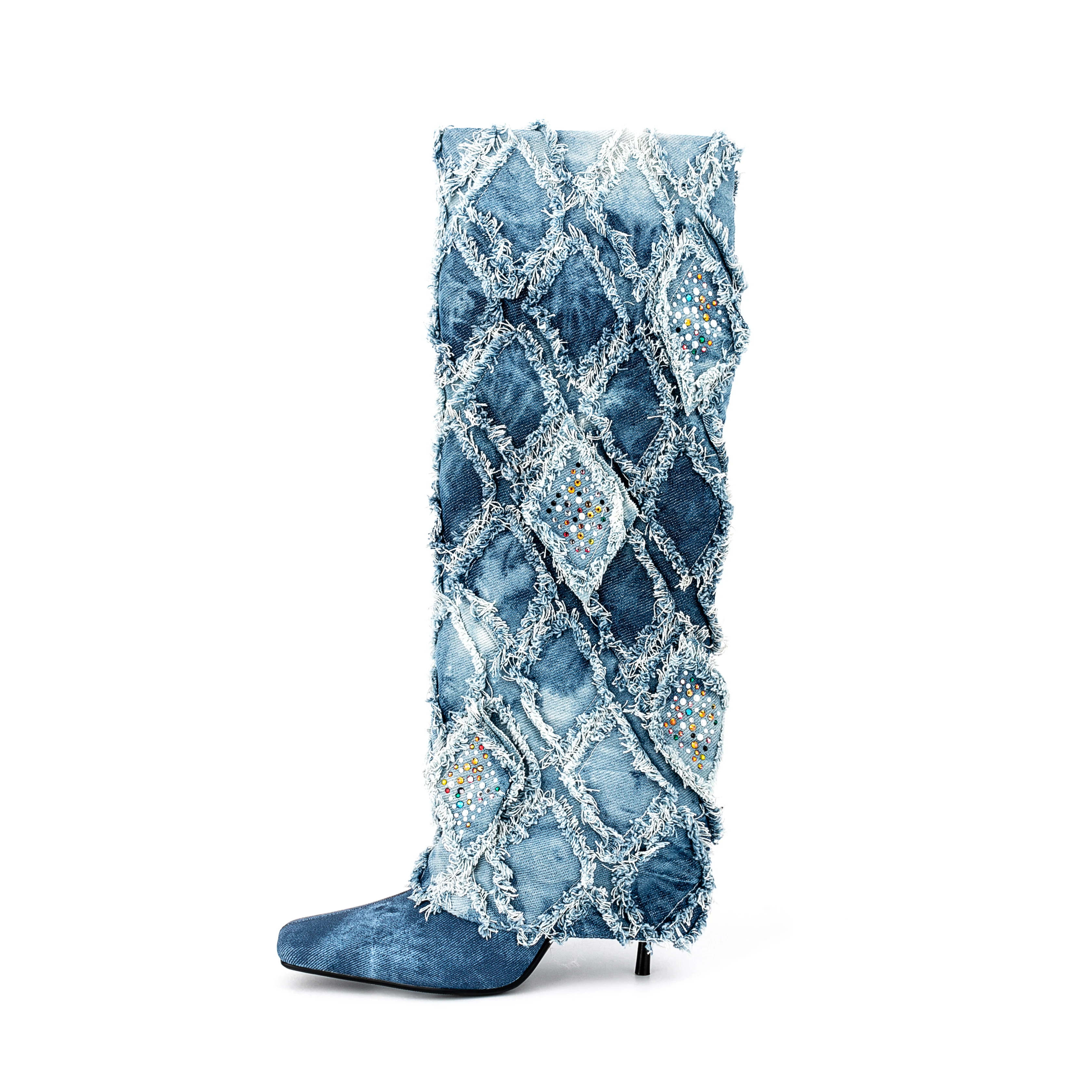 Argyle Fur Denim Knee-High Boots Square Toe High Heel Shoes For Women And Ladies 2023 New Fashion Winter Spring Jeans Boots