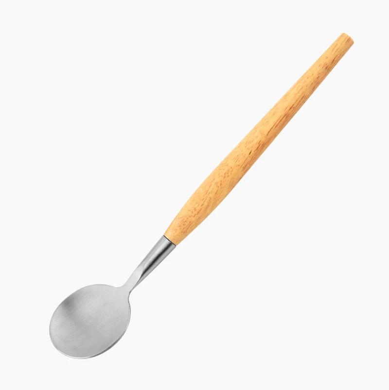 Wooden Handle Buffet Serving Stainless Steel Kitchen Food Salad Server Spoon and Fork Set Stainless