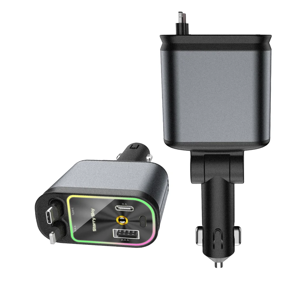 Retractable Car Charger 120W Super Fast USB Car Phone Charger Dual Retractable Cables and 2 USB Ports Car Charger Adapter