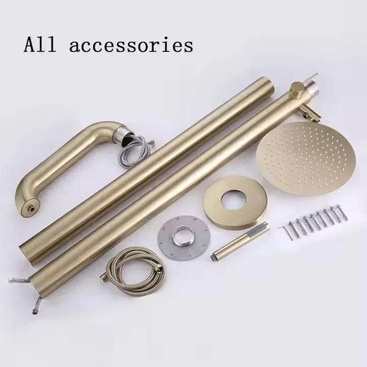 Brushed gold 304 stainless steel outdoor shower column set freestanding garden swimming pool rain outdoor shower
