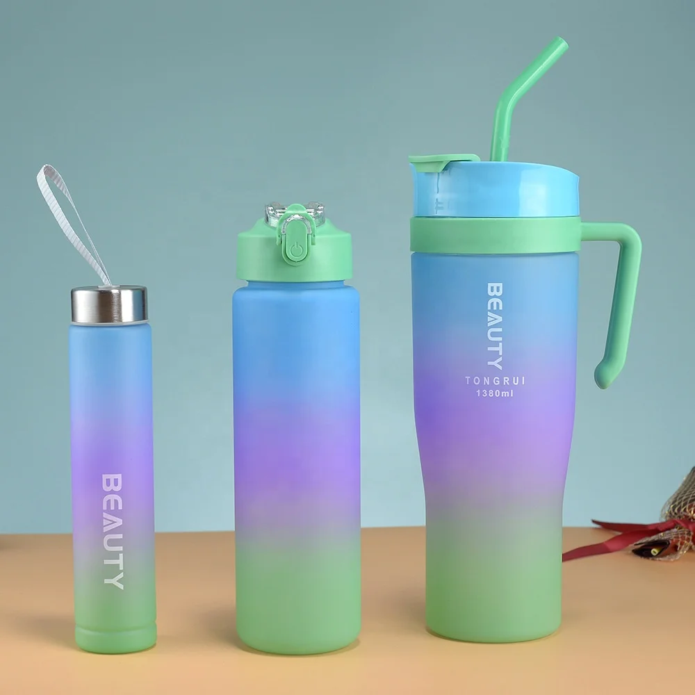 Plastic 3-piece family cup set large capacity sports straw cup with sticker handle tumblers wholesale bulk