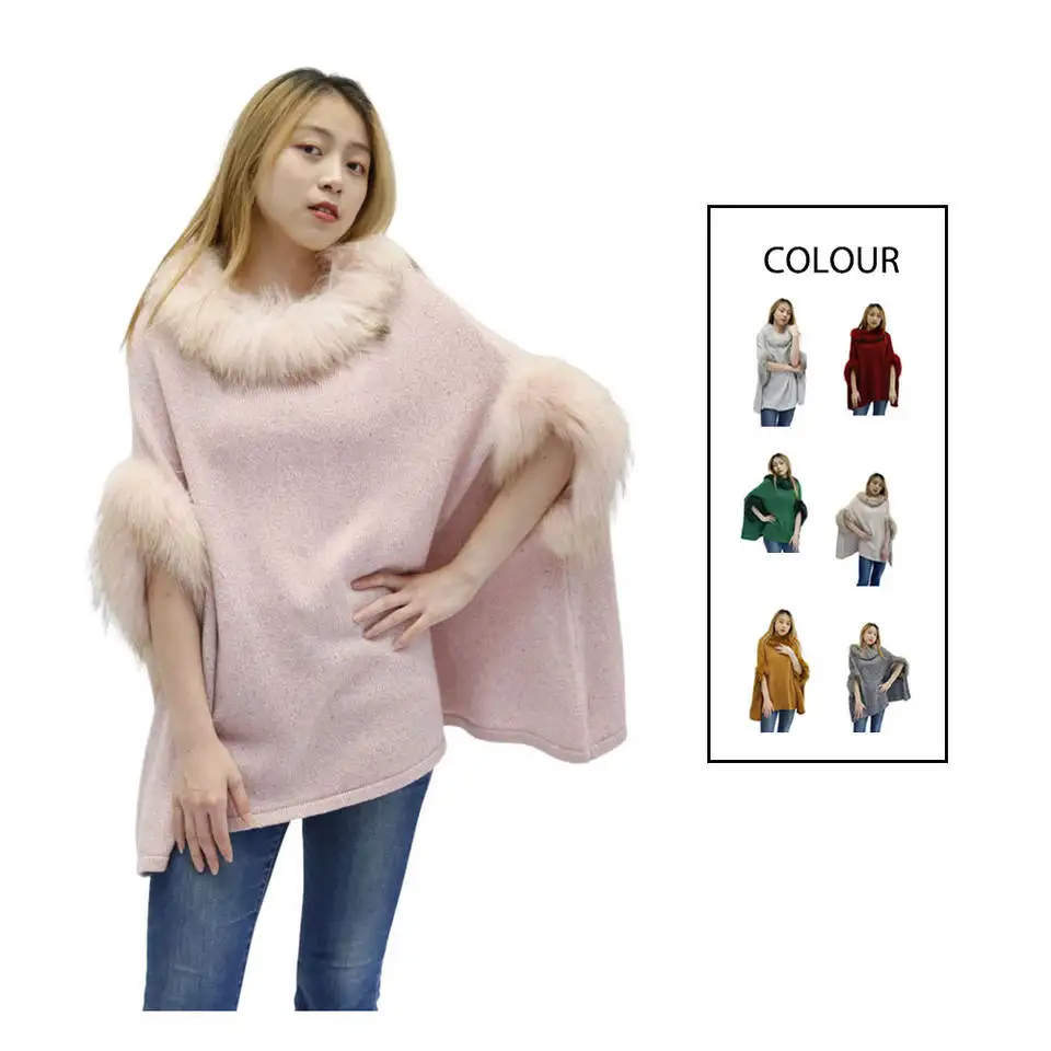 Wholesale Price Autumn Winter Raccoon Fur Ladies Shawls And Poncho Sweater With Fur