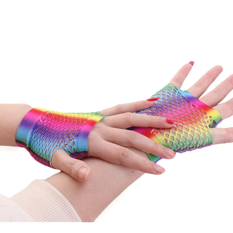 Wholesale sexy women fishnet glove weeding gloves half finger short mesh party colorful fishing net gloves