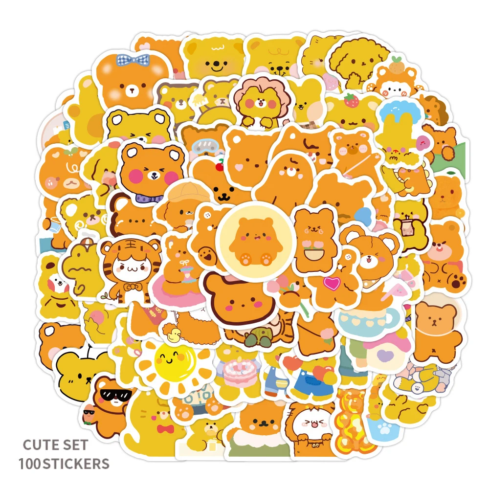 100Pcs Cute Orange Korean Bear Decorative laptop guitar Sticker Bag For Kid Wall Book Bedroom PVC Waterproof Cartoon Label Decal