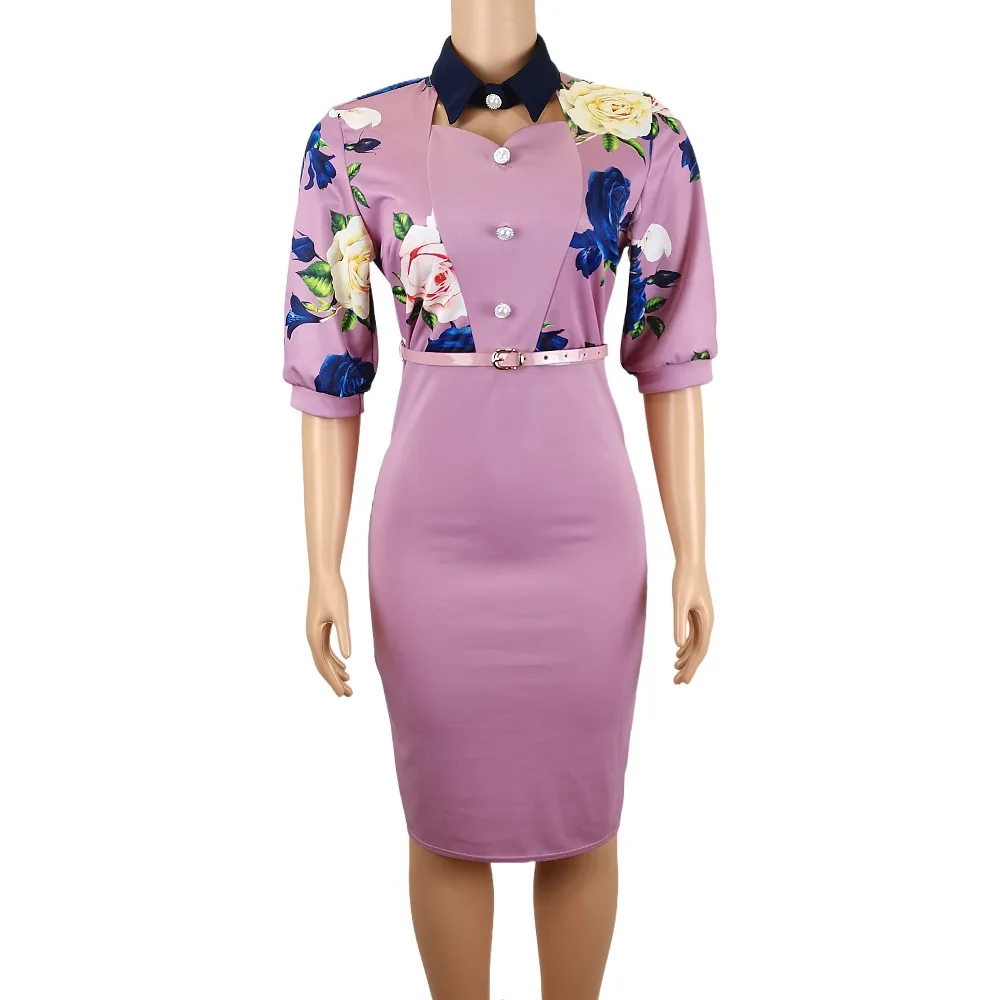 summer Women Casual Office Lady Dresses turn down collar floral print Elegant Business Bodycon Vestidos workwear Sheath