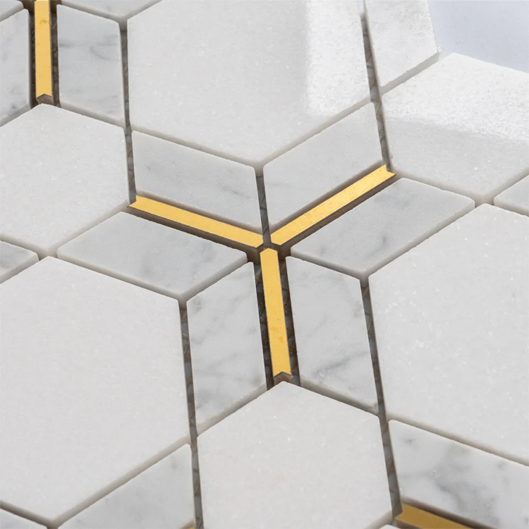 Натуральный Мрамор белая Каррара алмазная шестиугольная мозаичная плитка полированная латунная мраморная для ванной комнаты напольная