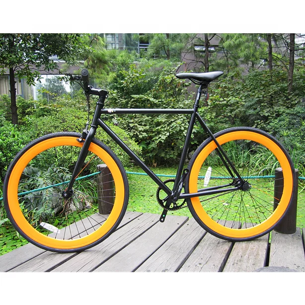 700C single speed with orange rims raiser bar colourful fixed gear bike