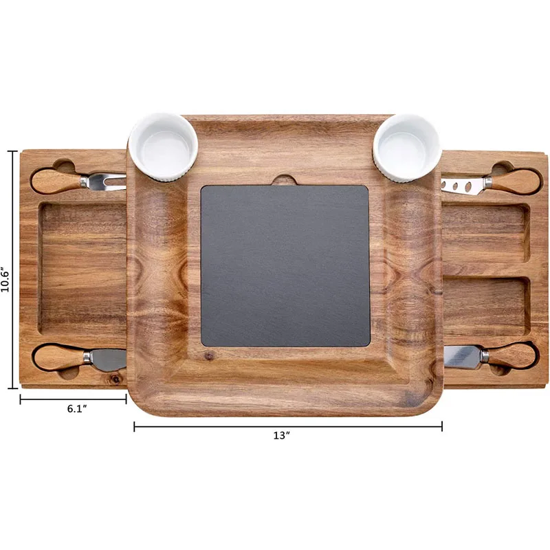 Hot Sales Square Acacia Wood Charcuterie Cheese Board with Stainless Cutlery and Slide-Out Drawer