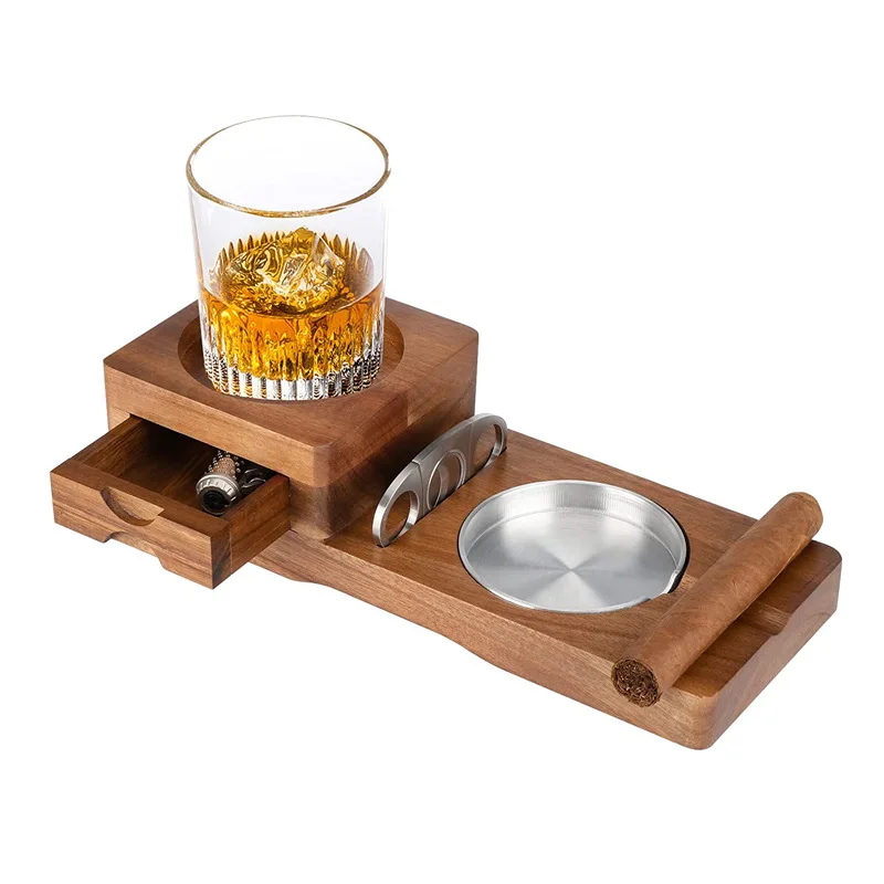 Rectangular Mahogany Wooden Cigar Ashtray Coaster Whiskey Glass Tray Holder With Cutter Drawer And Cigar Slot