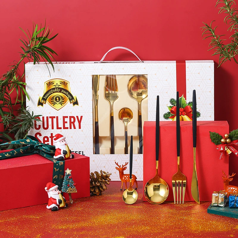 
Christmas Cutlery Hot Sale Luxury 24 Pieces Food Grade Stainless Steel Black Gold Flatware Set With Gift Box 