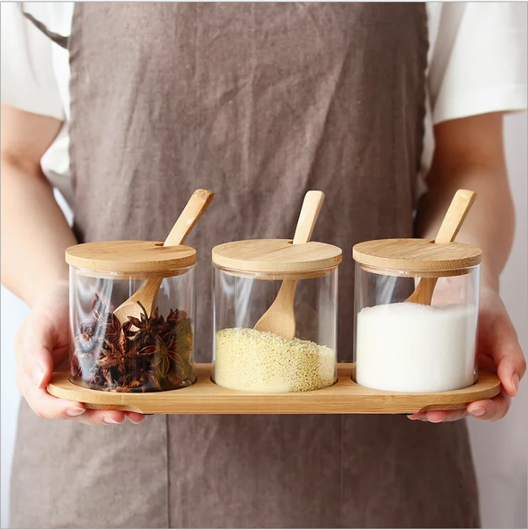 High borosilicate food small thing spice transparent clear glass storage jar set with wooden lid and bamboo spoon