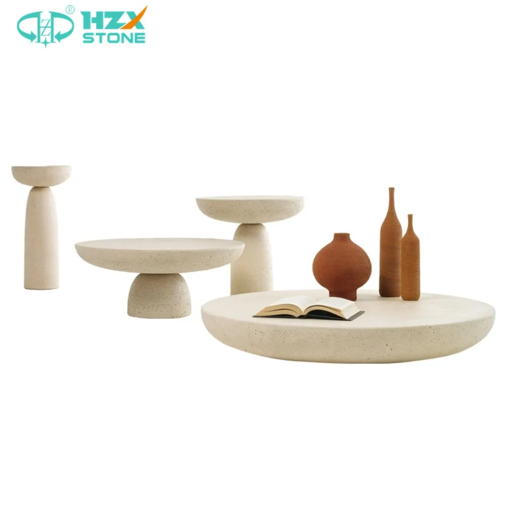 HZX Modern Style Polished Beige Travertine Coffee Table Set Hotel Living Room Floor Decoration Natural Techniques Marble Product