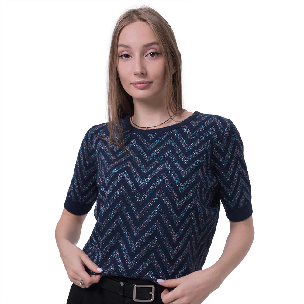 
Ever Fashion 2020 New Popular Color Design Lurex Navy Knit Tshirt Sweater Shrug Women College Sweater Pullover 