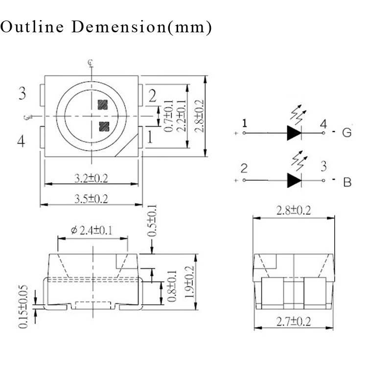 VanFun SMD Factory Sample 4-Pin LED Lighting Chip 3528 0.06W Power with RGBW White Blue Green Warm White Emission 5mm Size