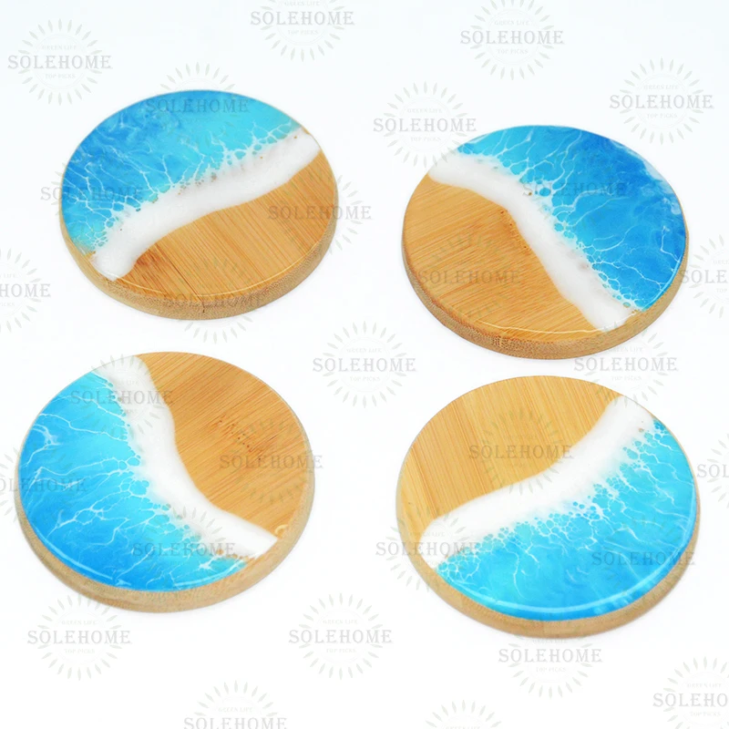Exquisite Engraved Ocean Style Resin Bamboo Wood Coasters for Beach Wedding Favors Personalized Gifts for Guests
