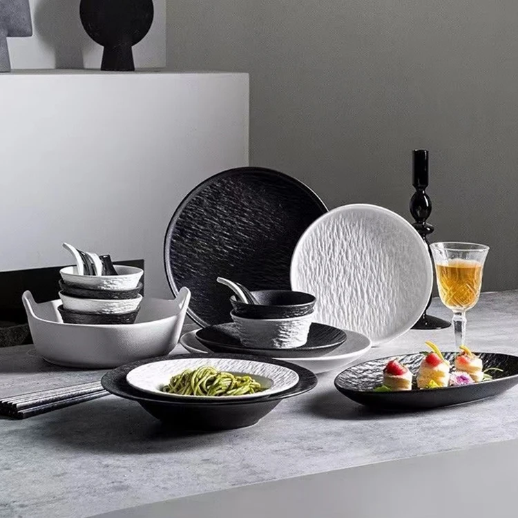 Западный современный элегантный роскошный отель Ресторан фарфоровая белая миска набор тарелок керамические черные тарелки наборы посуды для 12 человек