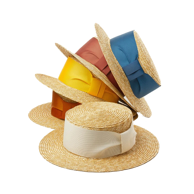 
High Quality Flat Top Hats Natural Wheat Straw Boater Fedora Hat For Women 