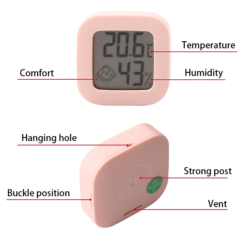 Electronic Digital Temperature and Humidity Meter Smiling Face Thermometer Car Mounted Refrigerator Indoor Pink