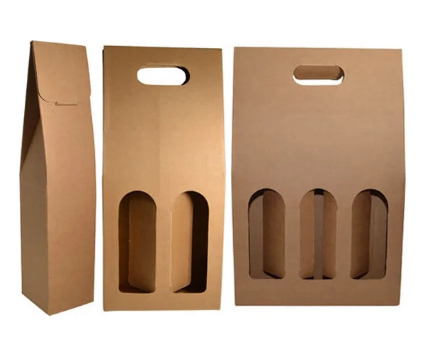 Eco-friendly custom logo design 1/2/3/4 pack wine carrier box brown kraft paper bottle holder for wine with handle