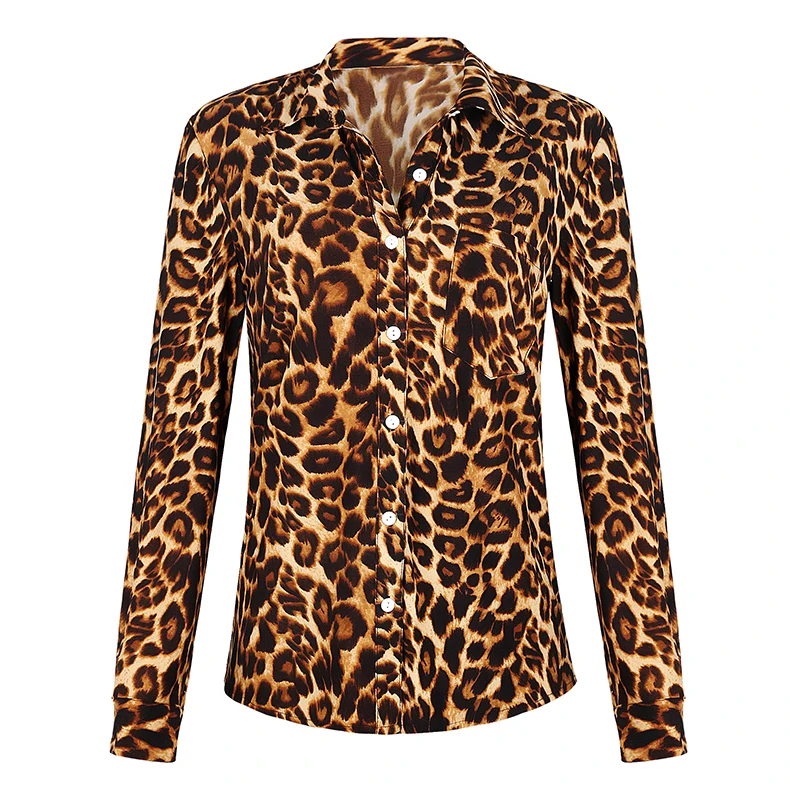 
Fashion Stretch Designer Shirts Leopard Print Long Sleeve Satin Blouse for Women 