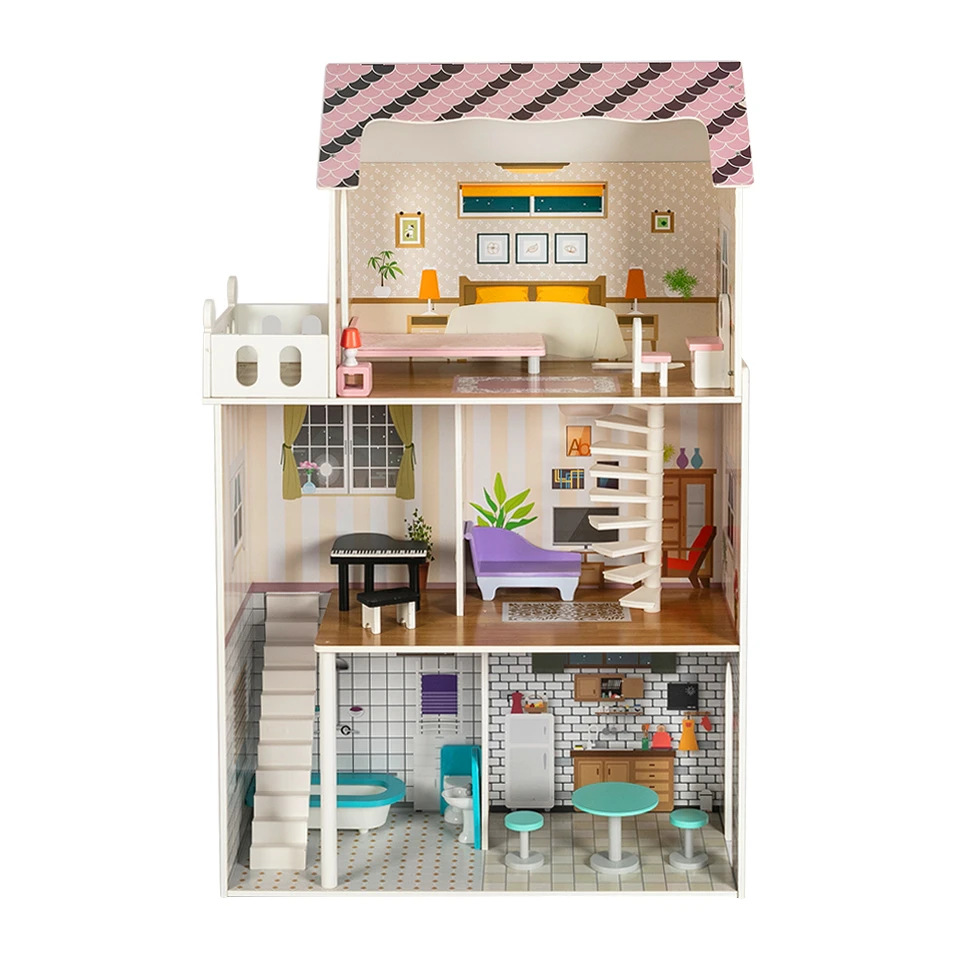 Wholesale! big wooden doll house  with 14 small furnitures