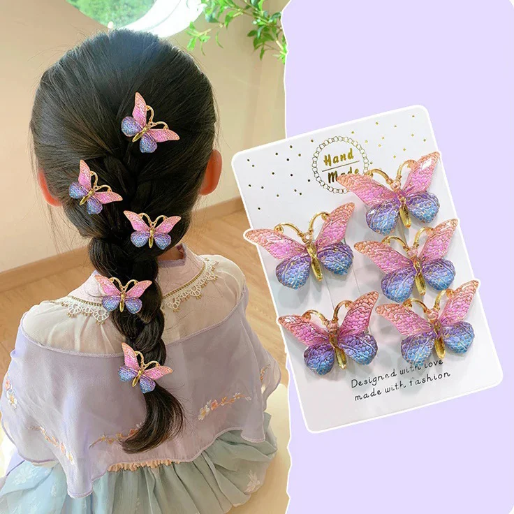 5PCS/PACK Wholesale Korean Fashion Butterfly Hair Clip Colorful Rhinestone Butterfly Sweet Bobby Pins Hair Clips for Women Girls