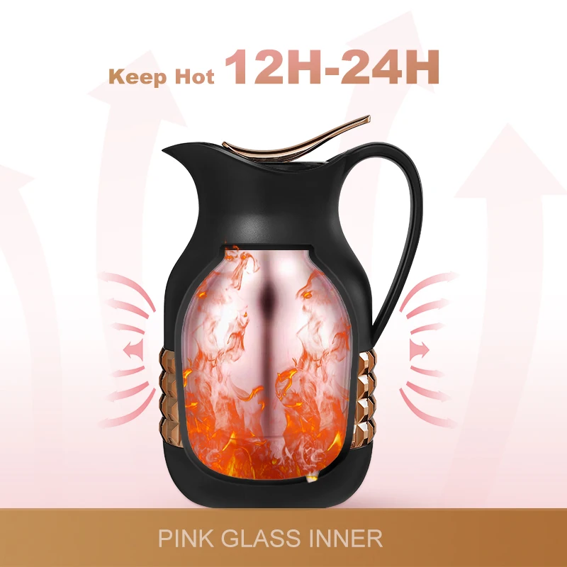 Everich Design 1000ml Insulated Teapot Electroplated Shell Arabic Coffee Dallah Pink Glass Inner Thermos Pot