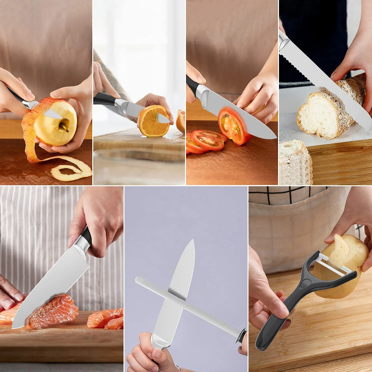 Stainless Steel Hollow Handle Self Sharpening Kitchen Knife Set with Finger Protection&Acrylic Stand-Best