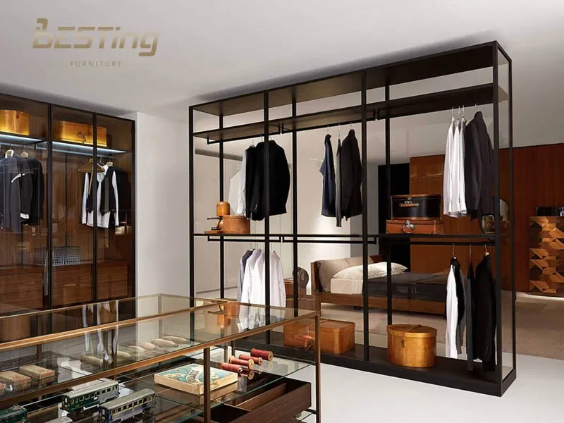 King size bedroom set with white tempered glass wall shelving system air dressing Wardrobe cabinet