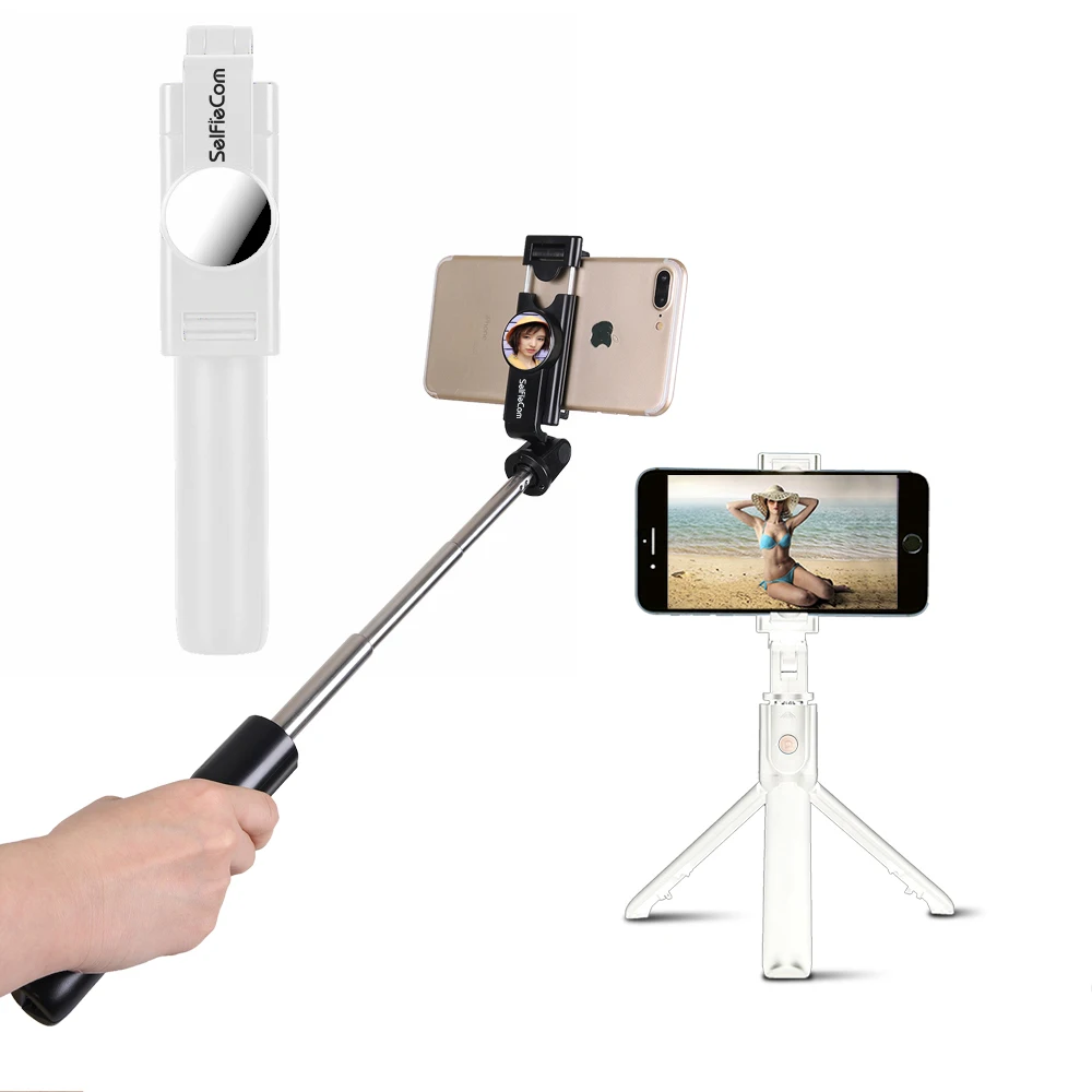 Flexible selfie stick tripod with rear mirror with wireless bt remote controller