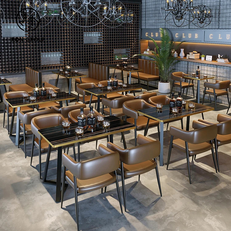 Modern Custom Color Hotel Bar Restaurant Furniture Metal Marble Table and Chair Restaurant Leather Booth Seating