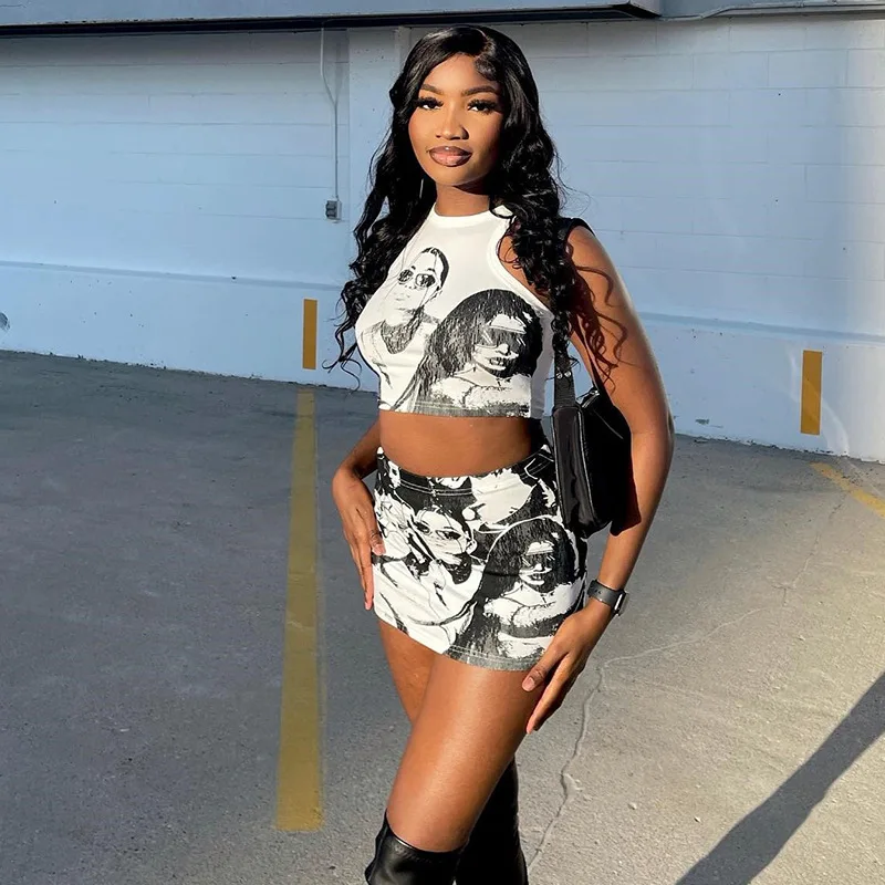 2023 New Pattern Print High Street Style Two Piece Short Sets Summer Package Hip Skirt Sleeveless Vest Women Skirt Two Piece Set