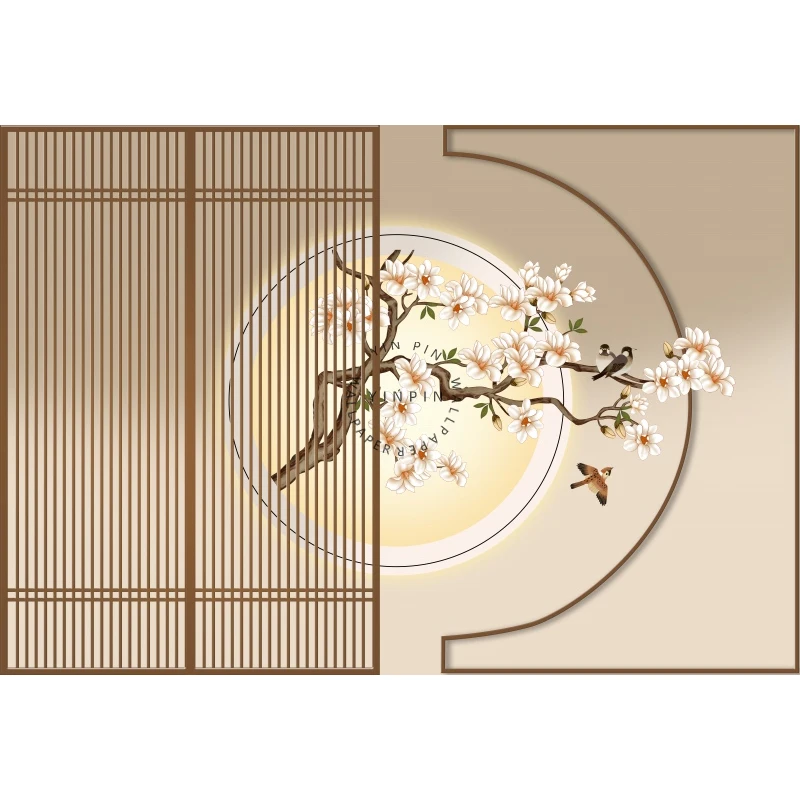 Chinese classical screen health yoga studio wallpaper Guzheng classroom tea room beauty salon ancient style mural