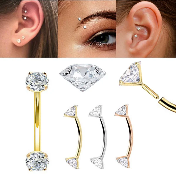 Wholesale 14K solid gold CZ Eyebrow Push In Threadless  Rook Cartilage earrings 14k solid gold piercing jewelry