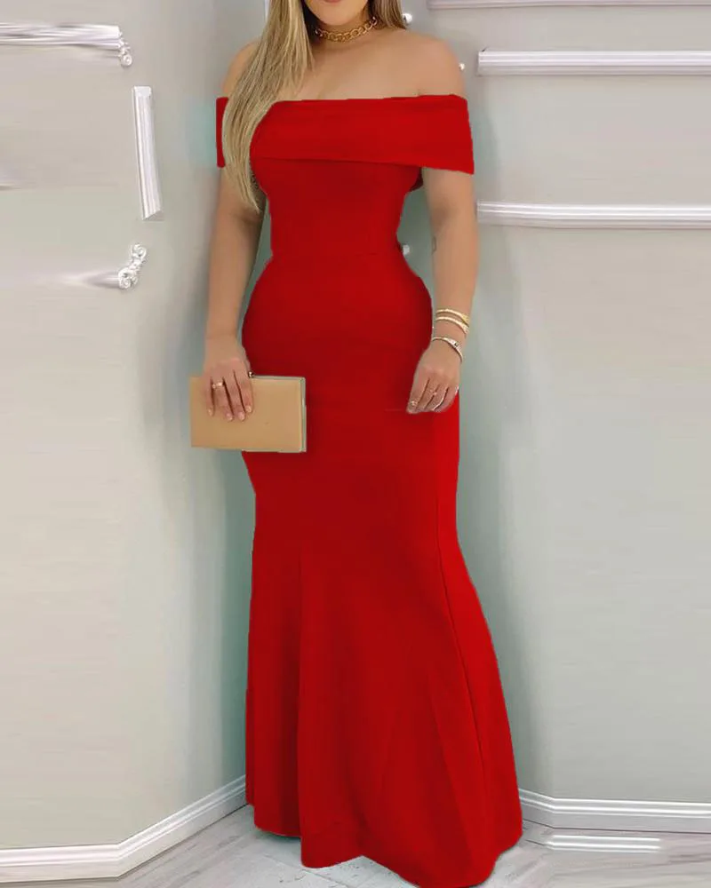 Dress long red fishtail temperament elegant one-shoulder evening dress