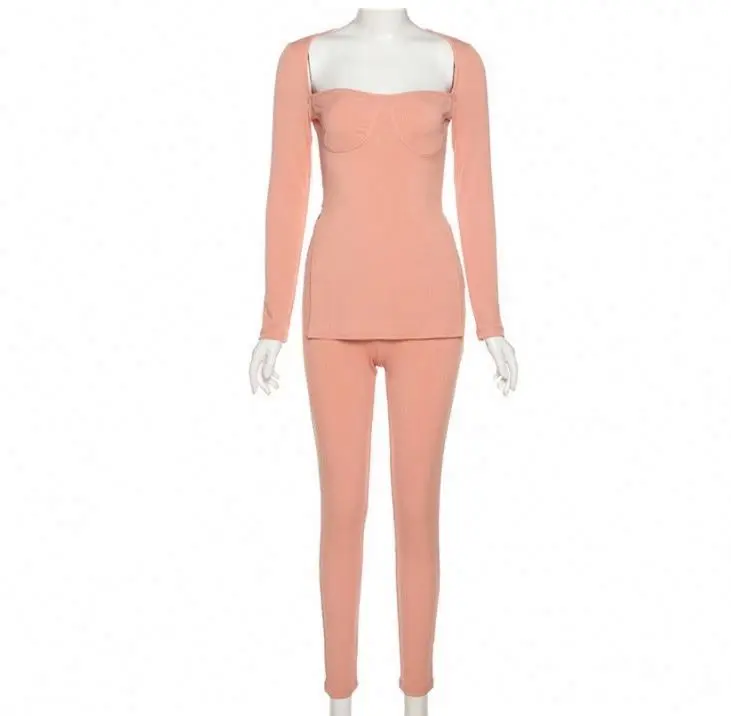 Новое поступление Европейский однотонный топ с квадратным вырезом и леггинсами сексуальный комплект из двух предметов для женщин