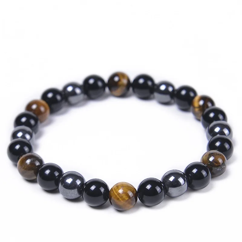 gemstone black obsidian hematite elastic healing energy magnetic mens tiger eye crystals stone triple protection bead bracelet