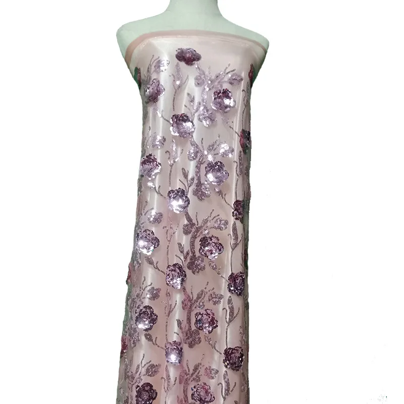 Factory direct sale pink gold red color embroidered flower sequin mesh fabric sequin lace fabric