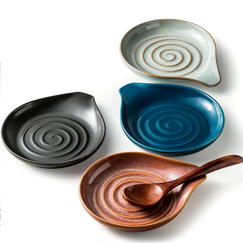 Handcraft Kitchen Spoon rest ladle holder Stoneware Reactive glaze spiral design Customized Spoon rest Spatula holder