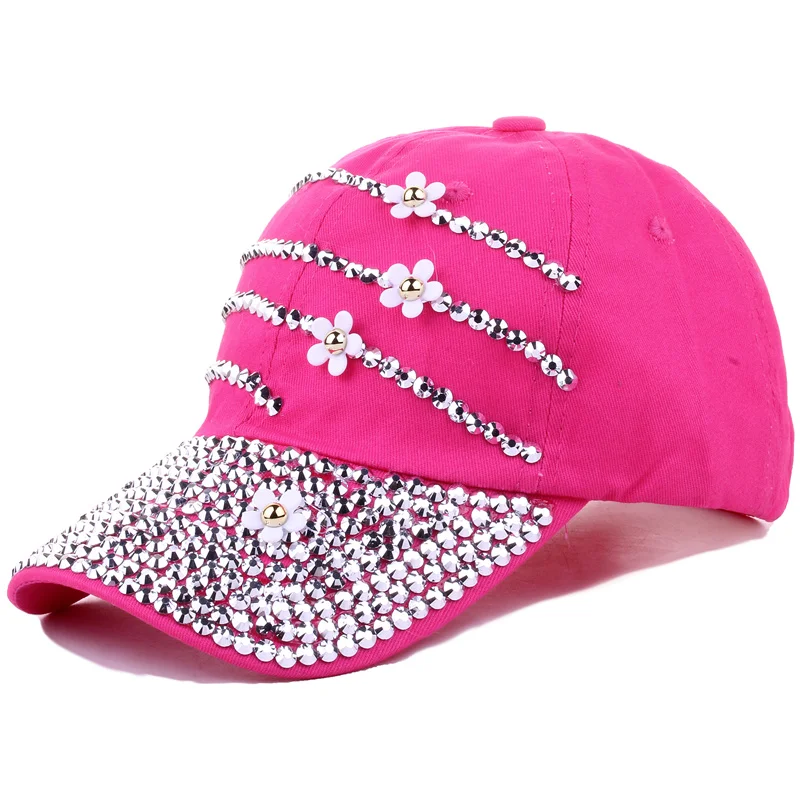 Factory  Custom Fashion Rhinestone Baseball Cap Studded Rhinestone Bling Outdoor Sport Hat Denim Flowers Baseball Hats
