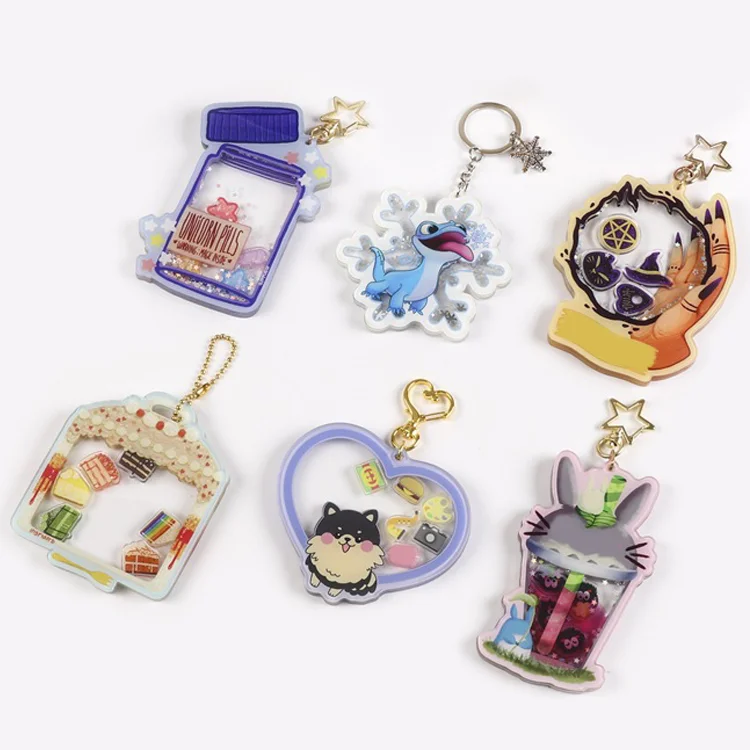 Promotion cartoon plastic keychain blank logo print kawaii shaker keychains custom acrylic keychains with star keyring