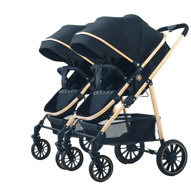 High Quality Luxury Triple Safety Twins Baby Stroller 3 In 1 Folding Two-way Shock-absorbing Child Double Pram
