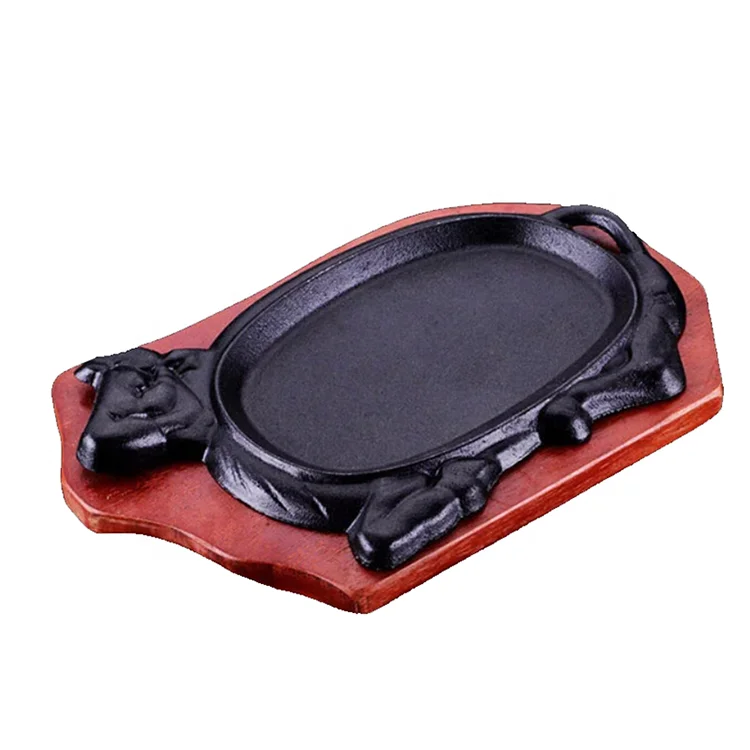 Cast Iron Sizzler Plate Cow Shaped Sizzling Plate with Wooden Tray Fry Pan Frying Pan